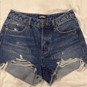 Katie J NYC Washed Distressed Denim Cutoff Shorts - Blue